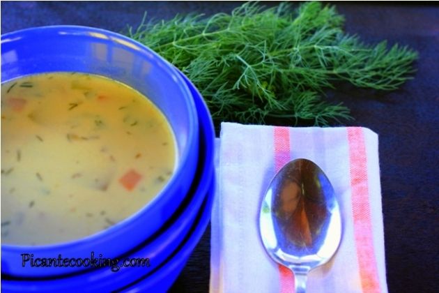 Summer soup with new vegetables and dill 