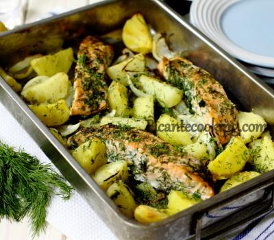 Dill flavored roasted salmon with potatoes 