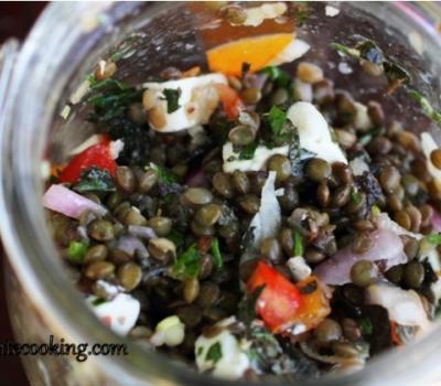 Lentil salad with feta cheese and herbs 