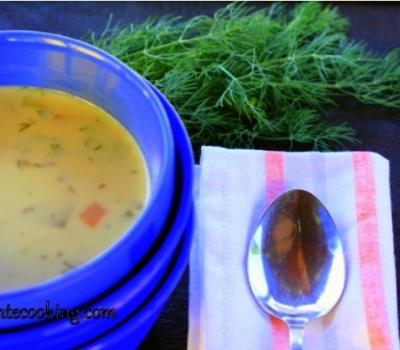 Summer soup with new vegetables and dill 