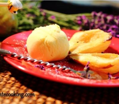 Baked pears with lavender and honey and vanilla ice cream